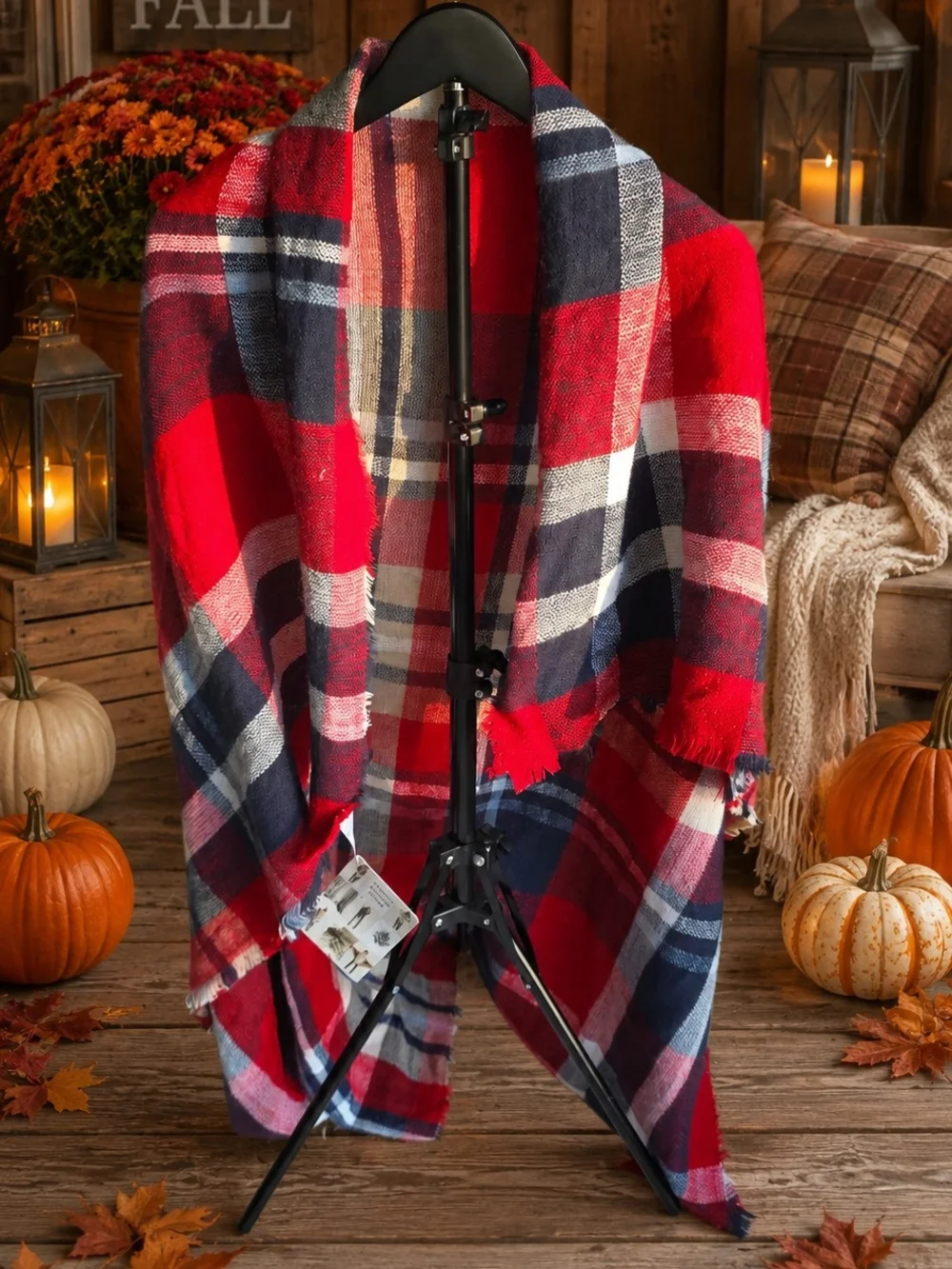 Oversized Blanket Scarf – Red & Navy Blue Plaid Flannel Wrap Accent